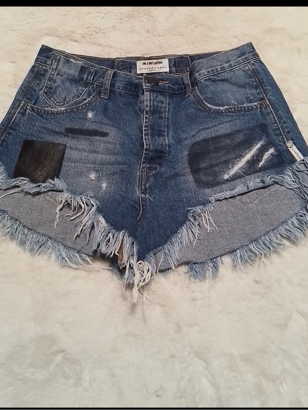 One Teaspoon Blue Denim High-Rise Frayed Jean Shorts